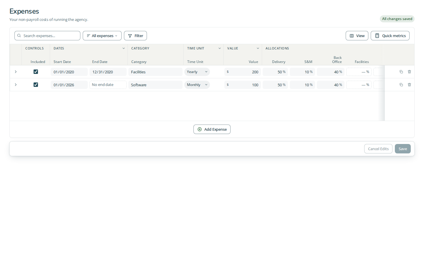 Expenses grid with synthetic inputs in the light theme.