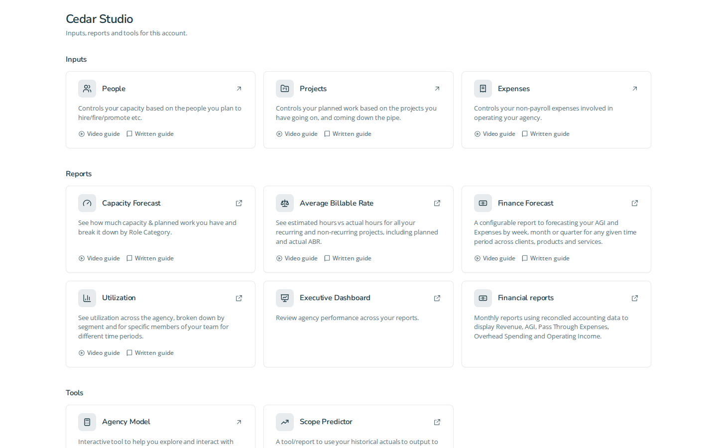 How reports open today for the synthetic Cedar Studio account in light theme.